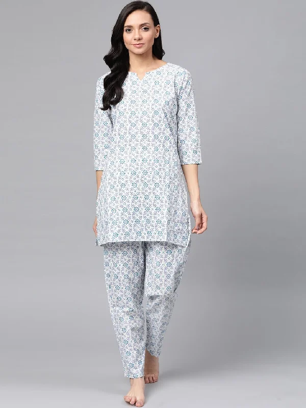 Budget Street Style Women's White & Blue Pure Cotton Printed Night suit - Anubhutee