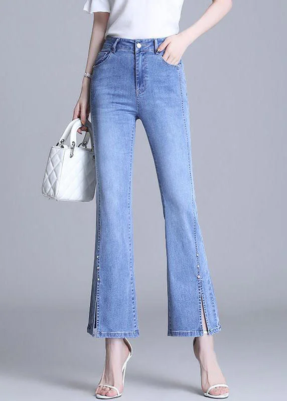 Comfy Streetwear Trends Fashion Light Blue High Waist Slim Pockets Side Open Cotton Denim Flare Pants Summer Comfy Streetwear Trends Fashion Light Blue High Waist Slim Pockets Side Open Cotton Denim Flare Pants Summer