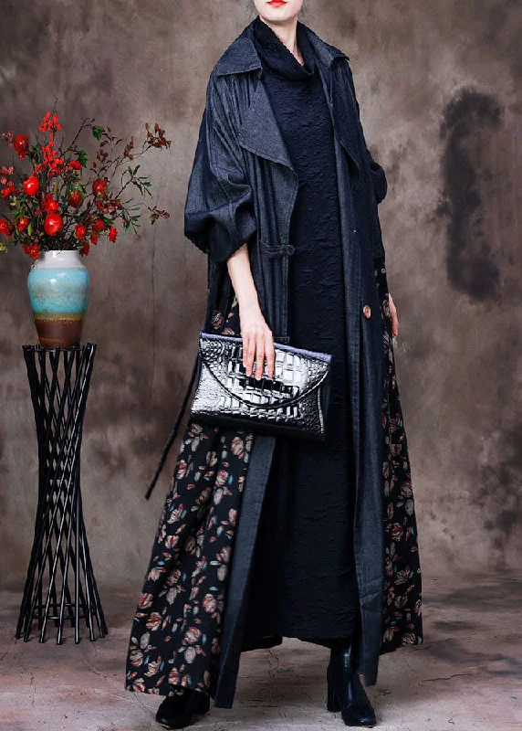 Trendy Cozy Wearables Unique Navy Peter Pan Collar Patchwork Print Cotton Denim Trench Long Sleeve Trendy Cozy Wearables Unique Navy Peter Pan Collar Patchwork Print Cotton Denim Trench Long Sleeve