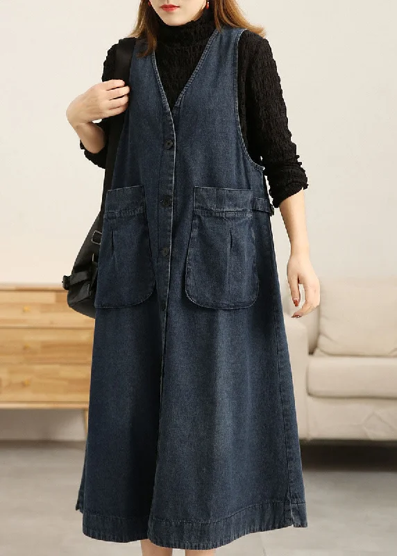 Soft Wear Pieces Beautiful Denim Blue V Neck Patchwork Pockets Cotton A Line Dress Sleeveless Soft Wear Pieces Beautiful Denim Blue V Neck Patchwork Pockets Cotton A Line Dress Sleeveless