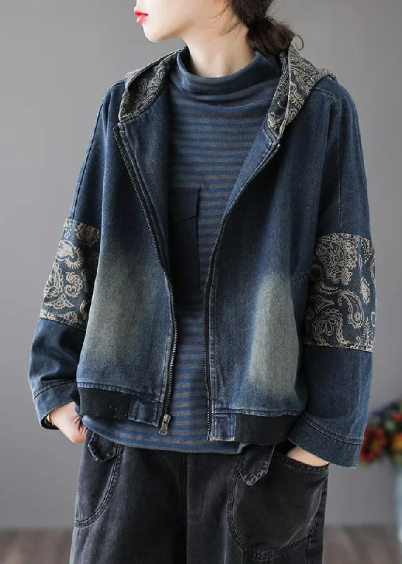 Relaxed Chic Pieces Vintage Blue V Neck Print Patchwork Zippered Cotton Denim Coat Long Sleeve Relaxed Chic Pieces Vintage Blue V Neck Print Patchwork Zippered Cotton Denim Coat Long Sleeve