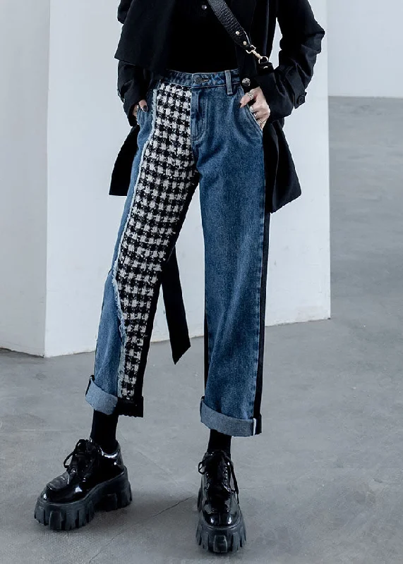 Affordable Wear Choices Style Denim Blue Pockets Patchwork Plaid Cotton Straight Crop Pants Fall Affordable Wear Choices Style Denim Blue Pockets Patchwork Plaid Cotton Straight Crop Pants Fall