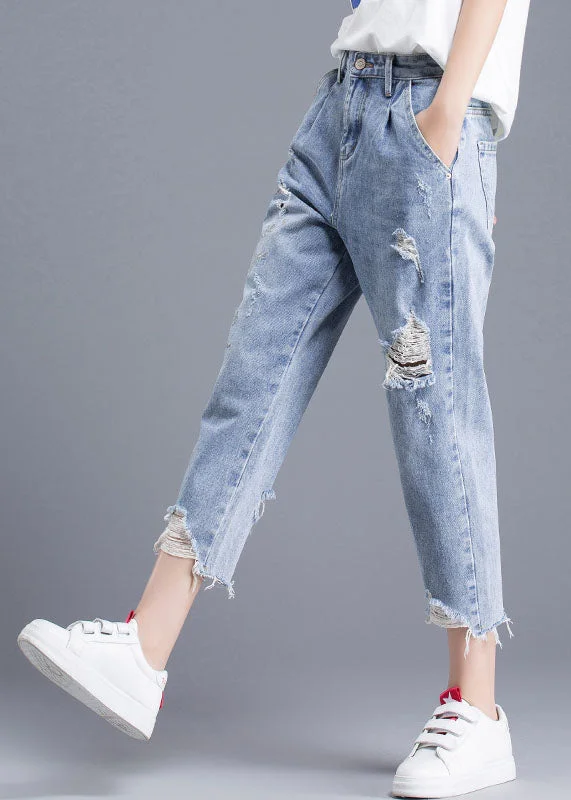 Comfortable Wardrobe Pieces Italian Blue High Waist Letter Embroideried Hole Cotton Denim Crop Pants Summer Comfortable Wardrobe Pieces Italian Blue High Waist Letter Embroideried Hole Cotton Denim Crop Pants Summer