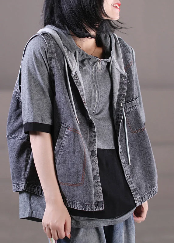 Effortless Cozy Layers Loose Grey Knit Patchwork Drawstring Button Hooded Denim Waistcoatcoat Sleeveless Effortless Cozy Layers Loose Grey Knit Patchwork Drawstring Button Hooded Denim Waistcoatcoat Sleeveless