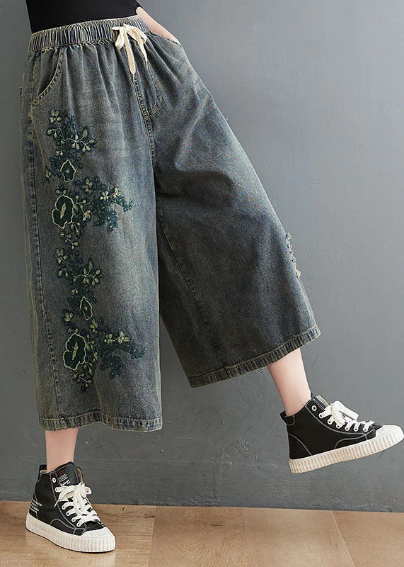Comfortable Wardrobe Pieces Vintage Blue Elastic Waist Drawstring Embroideried Pockets Cotton Denim Crop Pants Summer Comfortable Wardrobe Pieces Vintage Blue Elastic Waist Drawstring Embroideried Pockets Cotton Denim Crop Pants Summer