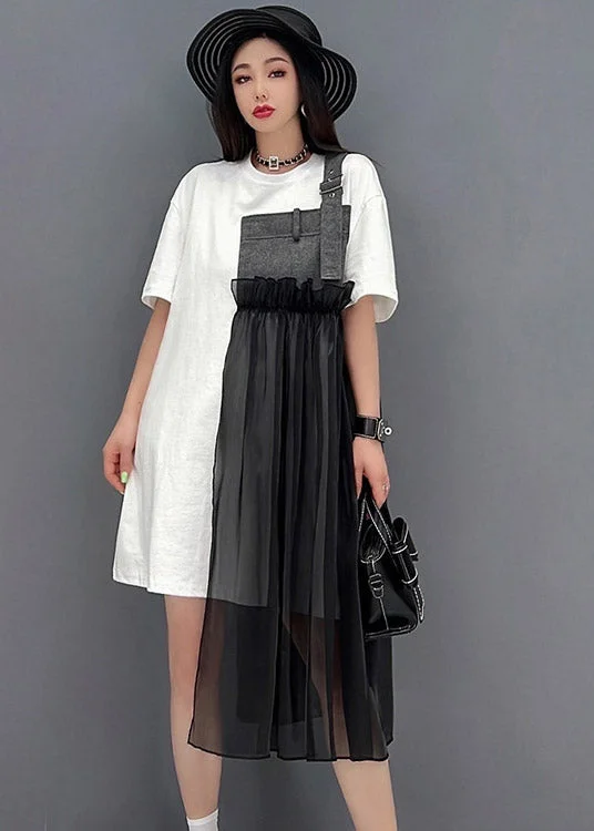 Comfortable Chic Fashion French Black O-Neck Denim Tulle Patchwork Dress Short Sleeve Comfortable Chic Fashion French Black O-Neck Denim Tulle Patchwork Dress Short Sleeve