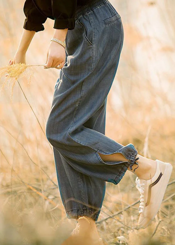 Soft Fashion Fits Plus Size Denim Blue Elastic Waist Drawstring Draping Cotton Beam Pants Trousers Summer Soft Fashion Fits Plus Size Denim Blue Elastic Waist Drawstring Draping Cotton Beam Pants Trousers Summer
