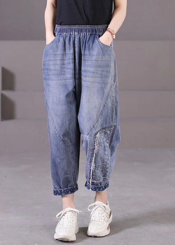 Effortless Cozy Outfits Plus Size Blue Elastic Waist Pockets Patchwork Applique Cotton Denim Harem Pants Summer Effortless Cozy Outfits Plus Size Blue Elastic Waist Pockets Patchwork Applique Cotton Denim Harem Pants Summer
