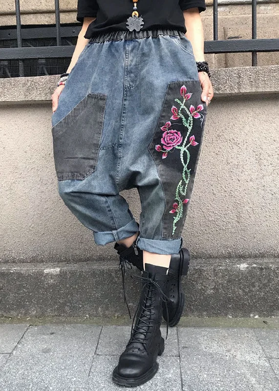 Trendy Comfy Outfits Casual Blue Embroidered Elastic Waist Denim Pants Summer