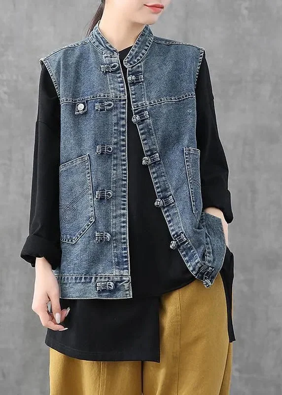 Practical Cozy Wearables Retro Light Blue O-Neck Patchwork Button Pockets Cotton Denim Waistcoat Sleeveless Practical Cozy Wearables Retro Light Blue O-Neck Patchwork Button Pockets Cotton Denim Waistcoat Sleeveless