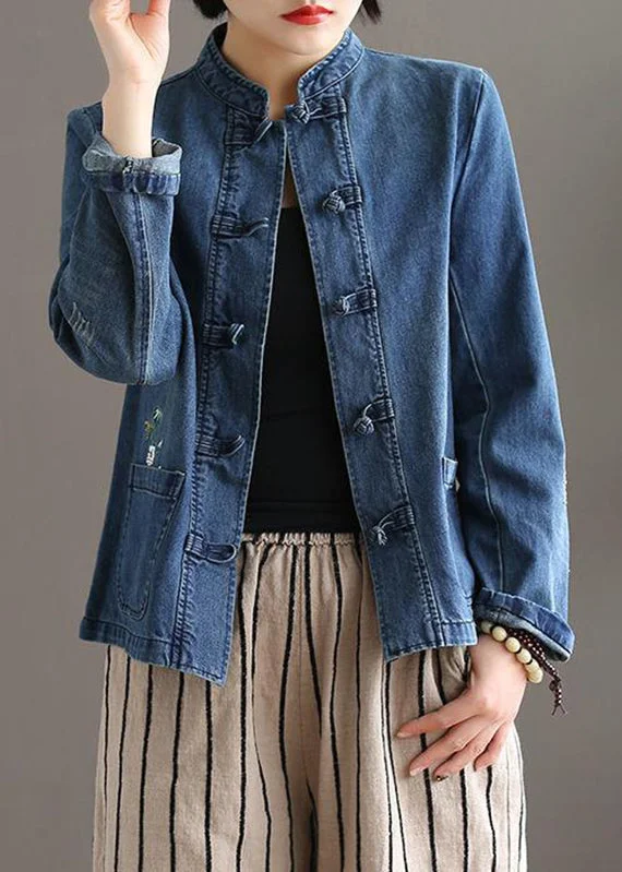 Chic Comfy Pieces Vintage Blue Stand Collar Patchwork Button Pockets Cotton Denim Coat Long Sleeve Chic Comfy Pieces Vintage Blue Stand Collar Patchwork Button Pockets Cotton Denim Coat Long Sleeve