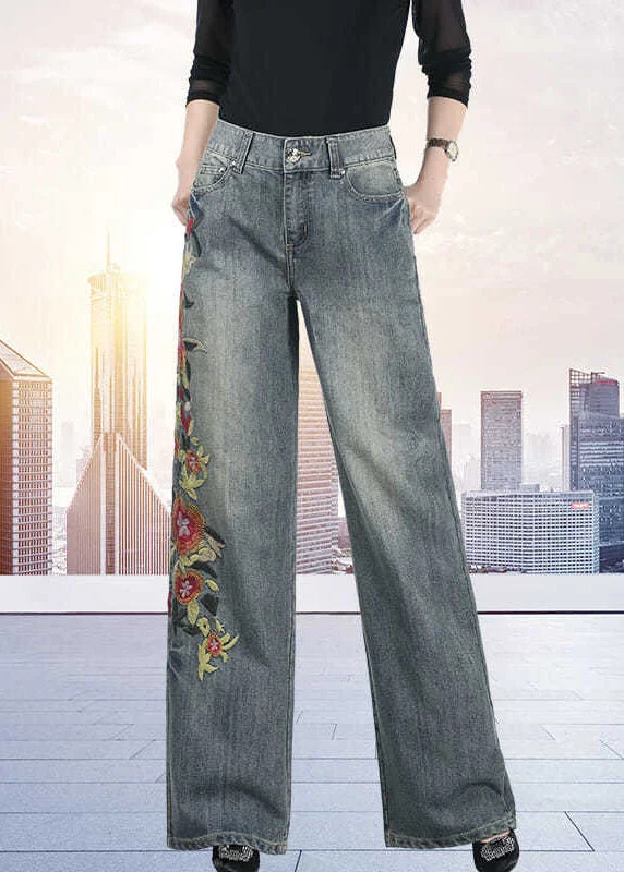 Stylish Warm Looks Art Dark Blue High Waist Floral Embroideried Pockets Cotton Denim Straight Pants Fall Stylish Warm Looks Art Dark Blue High Waist Floral Embroideried Pockets Cotton Denim Straight Pants Fall