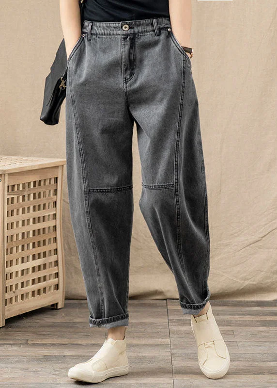 Stylish Comfort Wear Chic Grey Elastic Waist Pockets Patchwork Cotton Denim Harem Pants Summer Stylish Comfort Wear Chic Grey Elastic Waist Pockets Patchwork Cotton Denim Harem Pants Summer