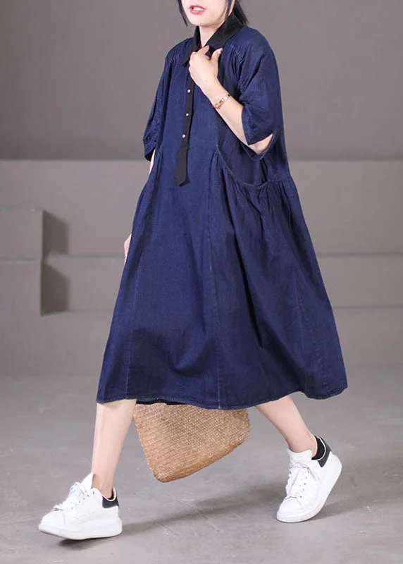Simple Cozy Pieces Casual Blue Peter Pan Collar Patchwork Wrinkled Cotton Vacation Denim Dresses Short Sleeve Simple Cozy Pieces Casual Blue Peter Pan Collar Patchwork Wrinkled Cotton Vacation Denim Dresses Short Sleeve