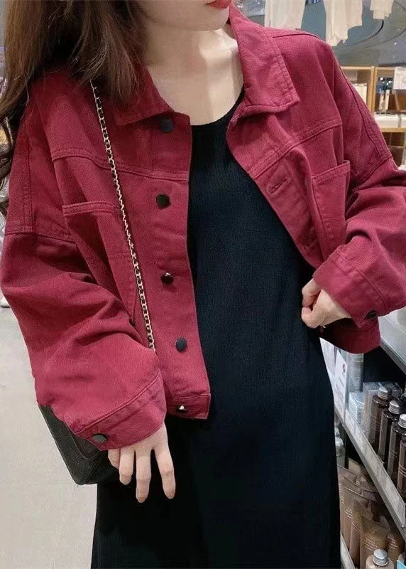 Simple Cozy Looks Simple Red Peter Pan Collar Print Denim Coats Long Sleeve