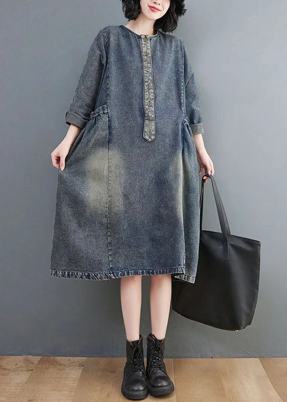Comfy Warm Fashion Retro Blue O-Neck Patchwork Button Pockets Cotton Denim Dresses Long Sleeve Comfy Warm Fashion Retro Blue O-Neck Patchwork Button Pockets Cotton Denim Dresses Long Sleeve