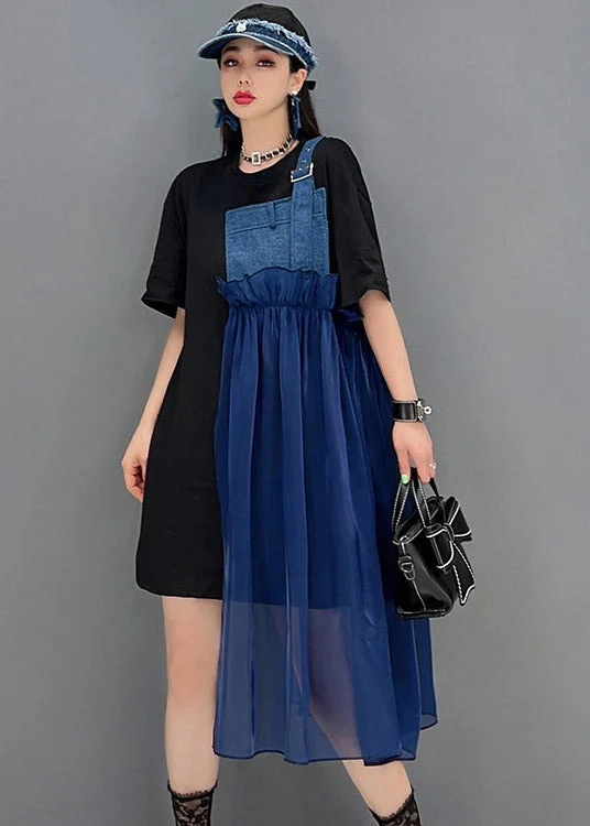 Cozy Pieces Wear Blue asymmetrical Denim Tulle Patchwork Dresses Short Sleeve