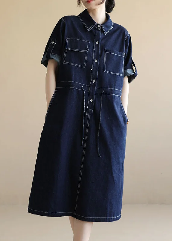 Practical Comfort Wear Style Navy Peter Pan Collar Pockets Drawstring Cotton Denim Dresses Short Sleeve Practical Comfort Wear Style Navy Peter Pan Collar Pockets Drawstring Cotton Denim Dresses Short Sleeve