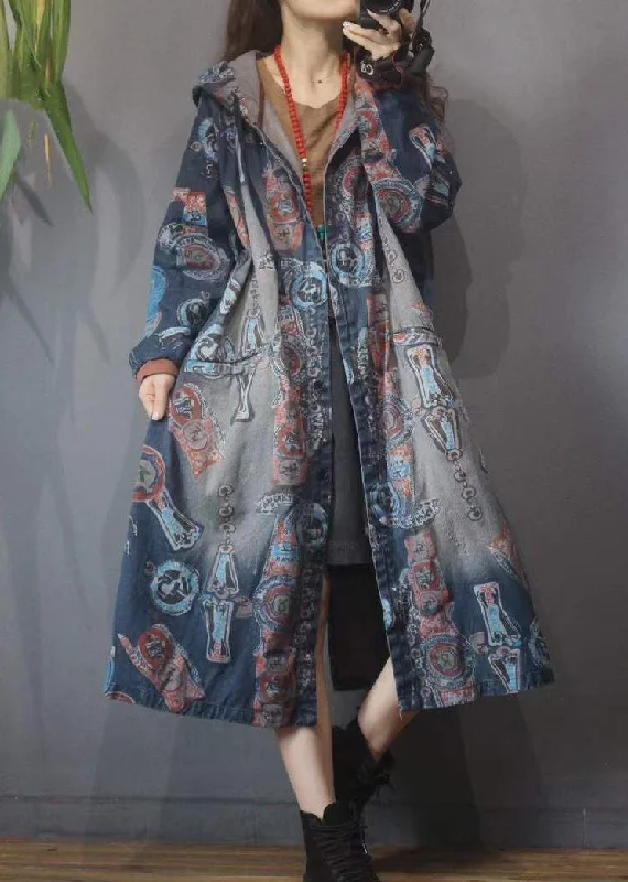 Effortless Fashion Options Women Blue Print Button Pockets Cotton Hoodie Denim Trench Coat Long Sleeve Effortless Fashion Options Women Blue Print Button Pockets Cotton Hoodie Denim Trench Coat Long Sleeve