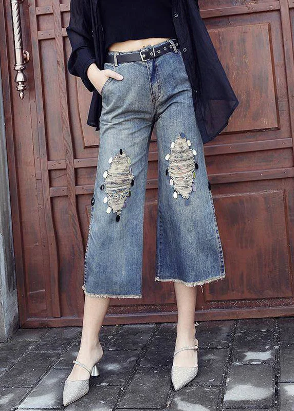 Cozy Street Fashion Style Blue High Waist Pockets Side Open Sequins Cotton Denim Crop Pants Summer