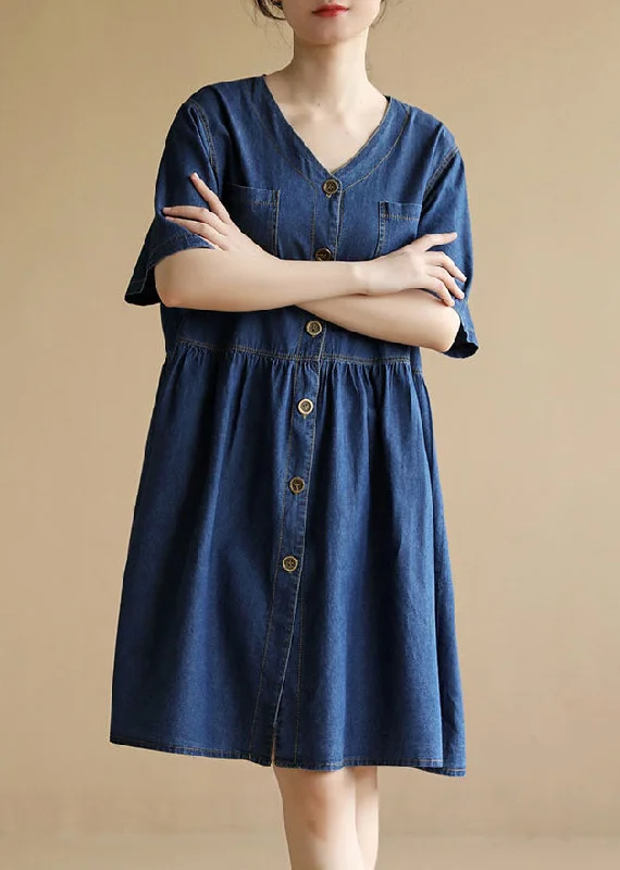 Cozy Style Options Women Denim Blue V Neck Pockets Cotton A Line Dress Short Sleeve Cozy Style Options Women Denim Blue V Neck Pockets Cotton A Line Dress Short Sleeve