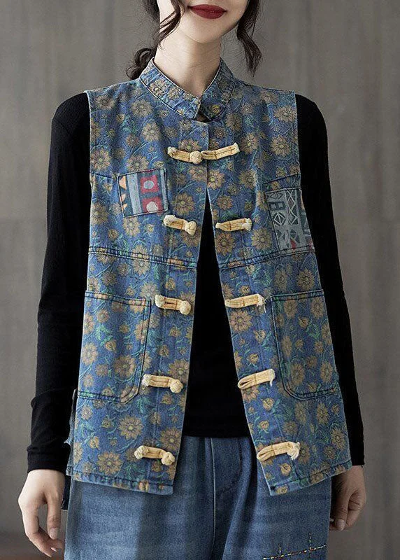 Affordable Cozy Style Art Denim Blue Stand Collar Print Pocket Cotton Vest Tops Sleeveless Affordable Cozy Style Art Denim Blue Stand Collar Print Pocket Cotton Vest Tops Sleeveless