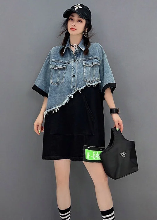 Trendy Casual Styles Classy Blue Asymmetrical denim Patchwork Tulle Button Pockets Mid Dresses Short Sleeve Trendy Casual Styles Classy Blue Asymmetrical denim Patchwork Tulle Button Pockets Mid Dresses Short Sleeve