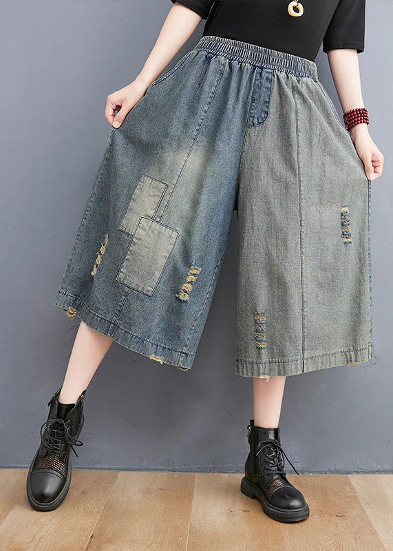 Relaxed Soft Fashion Simple Denim Blue Elastic Waist Hole Applique Cotton Straight Pants Trousers Summer Relaxed Soft Fashion Simple Denim Blue Elastic Waist Hole Applique Cotton Straight Pants Trousers Summer