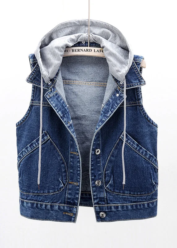 Comfortable Wear Fits Navy Patchwork Button Hooded Denim Waistcoat Sleeveless