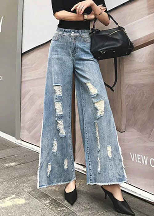 Warm Style Fits Diy Light Blue High Waist Pockets Hole Side Open Cotton Denim Pants Summer Warm Style Fits Diy Light Blue High Waist Pockets Hole Side Open Cotton Denim Pants Summer