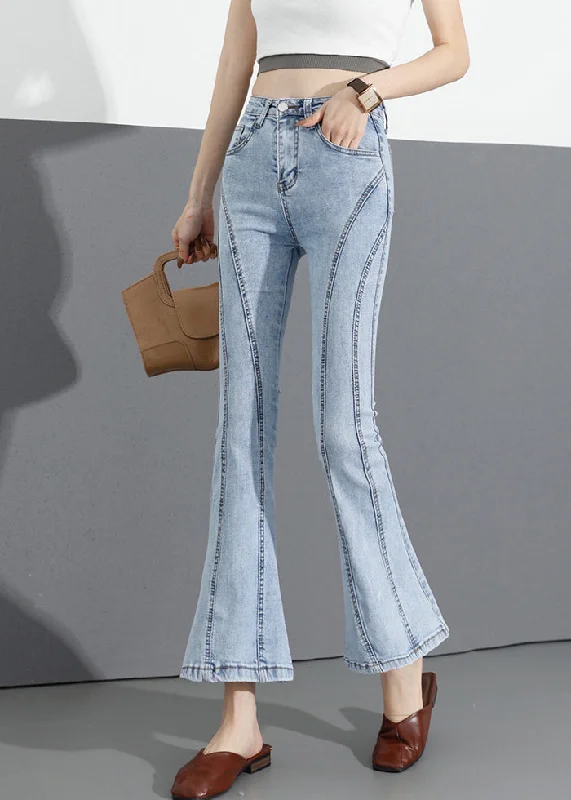 Relaxed Fashion Trends Italian Light Blue Slim Fit Pockets Patchwork Cotton Denim Flare Pants Summer Relaxed Fashion Trends Italian Light Blue Slim Fit Pockets Patchwork Cotton Denim Flare Pants Summer
