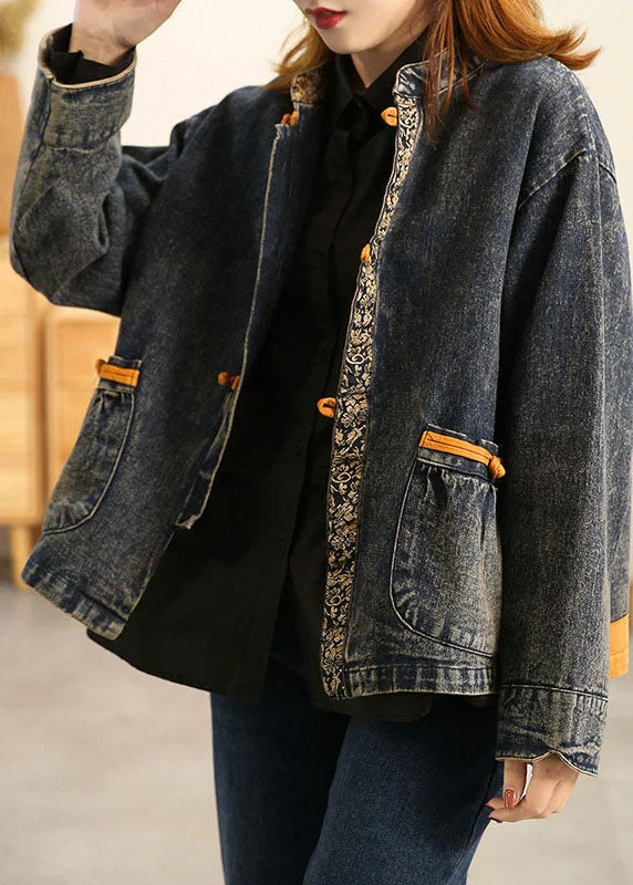 Soft and Relaxed Fashion Plus Size Blue Stand Collar Oriental Button Pockets Patchwork Cotton Denim Coat Outwear Long Sleeve Soft and Relaxed Fashion Plus Size Blue Stand Collar Oriental Button Pockets Patchwork Cotton Denim Coat Outwear Long Sleeve