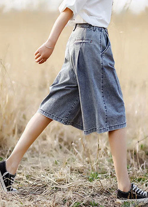 Cozy Fashion Pieces Organic Grey Elastic Waist Pockets Cotton Denim Crop Pants Summer Cozy Fashion Pieces Organic Grey Elastic Waist Pockets Cotton Denim Crop Pants Summer