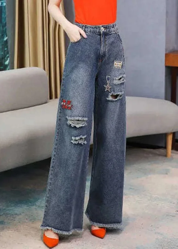 Effortless Wear Styles French Denim Blue High Waist Hole Embroideried Pockets Cotton Wide Leg Pants Spring Effortless Wear Styles French Denim Blue High Waist Hole Embroideried Pockets Cotton Wide Leg Pants Spring