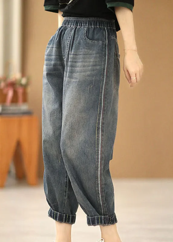 Cozy Casual Clothing Classy Denim Blue Elastic Waist Pockets Cotton Crop Pants Summer Cozy Casual Clothing Classy Denim Blue Elastic Waist Pockets Cotton Crop Pants Summer