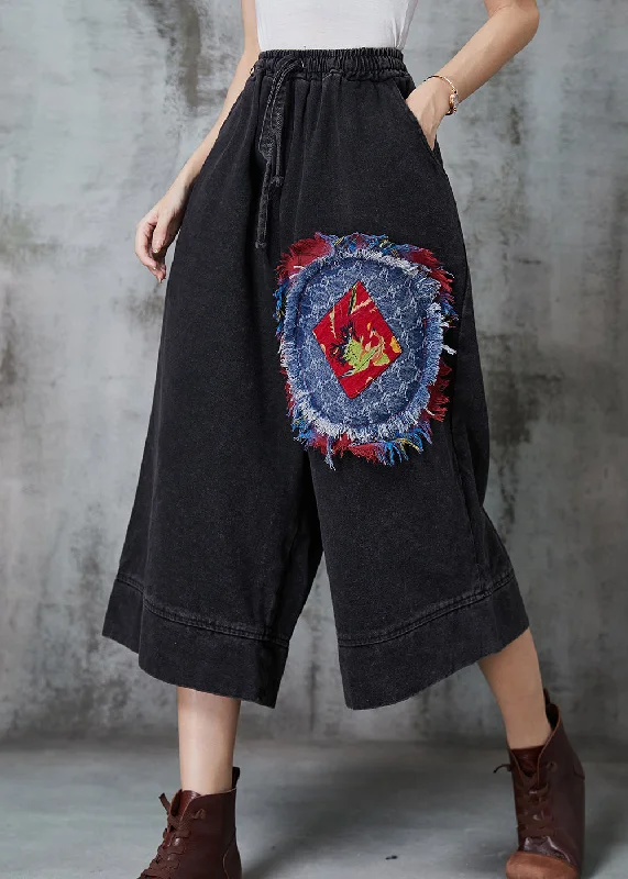 Warm Comfortable Fits Art Black Oversized Patchwork Denim Wide Leg Pants Summer