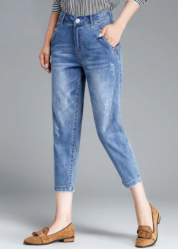 Cozy Everyday Styles Simple Light Blue High Waist Pockets Cotton Denim Crop Pants Summer Cozy Everyday Styles Simple Light Blue High Waist Pockets Cotton Denim Crop Pants Summer