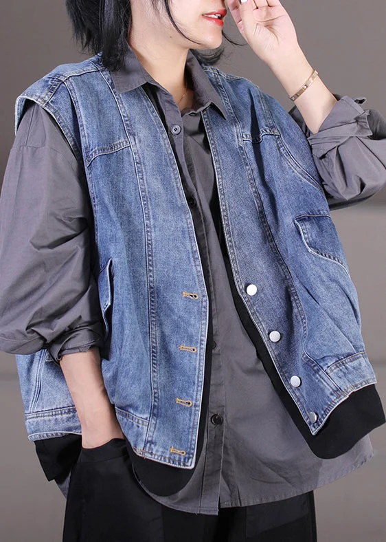 Trendy Comfort Looks Unique Light Blue V Neck Patchwork Pockets Fake Two Pieces Denim Waistcoat Sleeveless Trendy Comfort Looks Unique Light Blue V Neck Patchwork Pockets Fake Two Pieces Denim Waistcoat Sleeveless