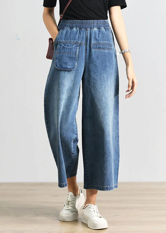 Soft Daywear Fits Plus Size Denim Blue Elastic Waist Pockets Cotton Wide Leg Crop Pants Summer Soft Daywear Fits Plus Size Denim Blue Elastic Waist Pockets Cotton Wide Leg Crop Pants Summer