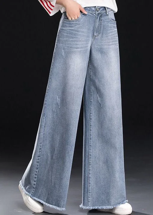 Simple Comfort Choices Women Light Blue High Waist Pockets Tassel Cotton Denim Wide Leg Pants Summer Simple Comfort Choices Women Light Blue High Waist Pockets Tassel Cotton Denim Wide Leg Pants Summer