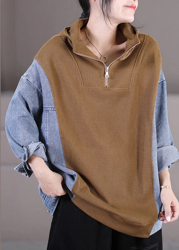 Affordable Soft Wear Women Khaki Zippered Patchwork Denim Hooded Top Long Sleeve