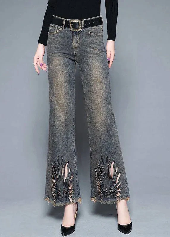 Effortless Cozy Outfits French Blue High Waist Pockets Hollow Out Cotton Denim Flare Pants Summer Effortless Cozy Outfits French Blue High Waist Pockets Hollow Out Cotton Denim Flare Pants Summer