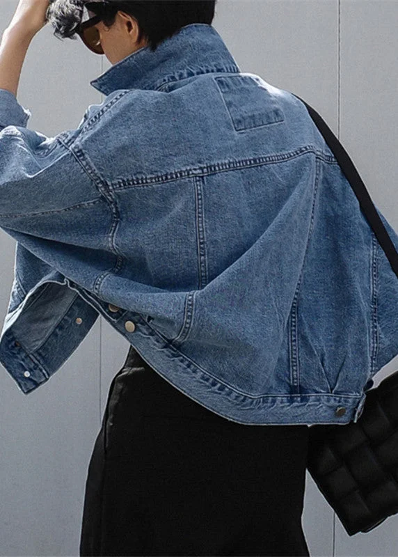 Casual Comfort Wear Unique Denim Blue Peter Pan Collar Button Pockets Patchwork Coats Long Sleeve Casual Comfort Wear Unique Denim Blue Peter Pan Collar Button Pockets Patchwork Coats Long Sleeve