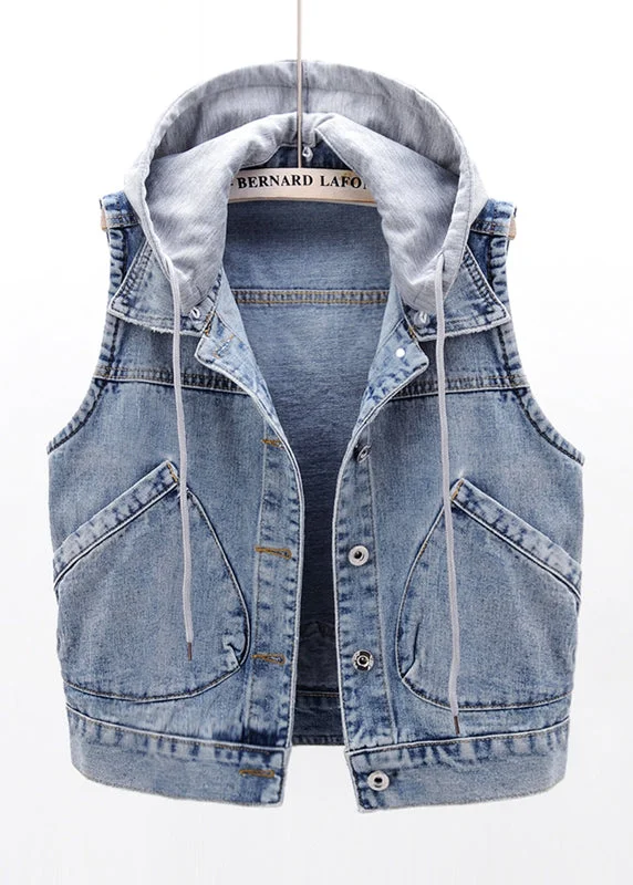 Trendy Soft Comfort Elegant Light Blue Patchwork Pockets Hooded Denim Waistcoat Sleeveless Trendy Soft Comfort Elegant Light Blue Patchwork Pockets Hooded Denim Waistcoat Sleeveless