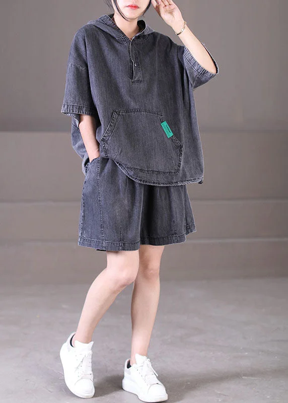 Cozy Layered Wearables Plus Size Dark Grey Hooded Elastic Waist Pockets Cotton Denim Two Piece Set Outfits Summer Cozy Layered Wearables Plus Size Dark Grey Hooded Elastic Waist Pockets Cotton Denim Two Piece Set Outfits Summer