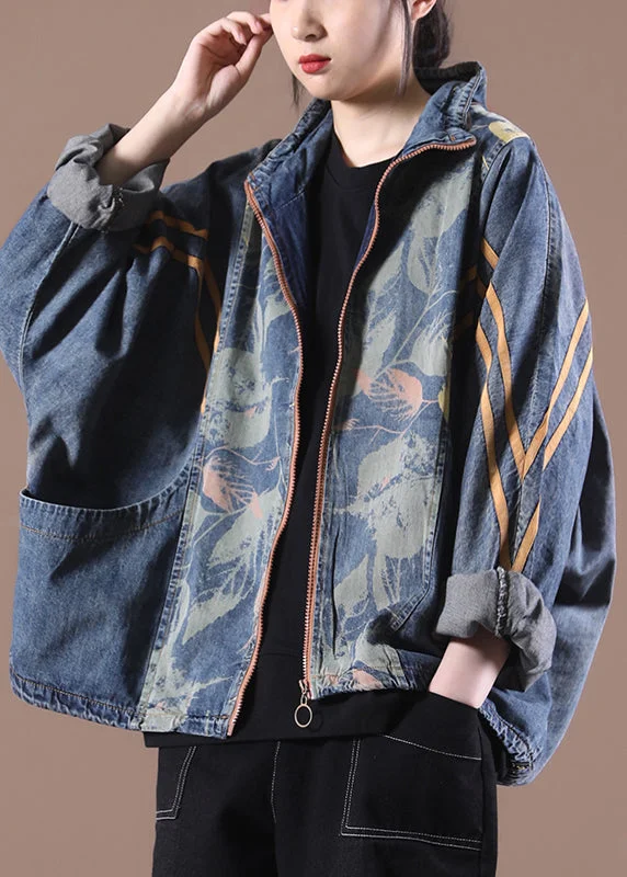 Comfortable Fashion Layers Loose Make Old Blue Stand Collar Zippered Print Denim Coats Long Sleeve Comfortable Fashion Layers Loose Make Old Blue Stand Collar Zippered Print Denim Coats Long Sleeve