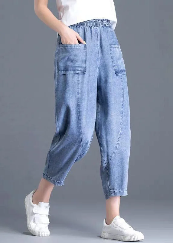Trendy Soft Looks Bohemian Light Blue Elastic Waist Pockets Patchwork Cotton Denim Harem Pants Summer Trendy Soft Looks Bohemian Light Blue Elastic Waist Pockets Patchwork Cotton Denim Harem Pants Summer