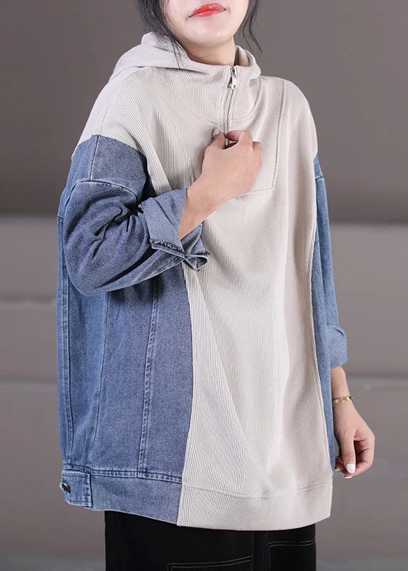 Simple Cozy Pieces Beige Zippered Patchwork Denim Hooded Top Long Sleeve