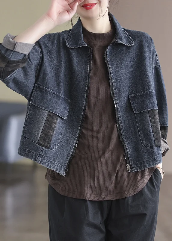 Affordable Soft Fit Vintage Blue Peter Pan Collar Patchwork Pockets Denim Coats Long Sleeve