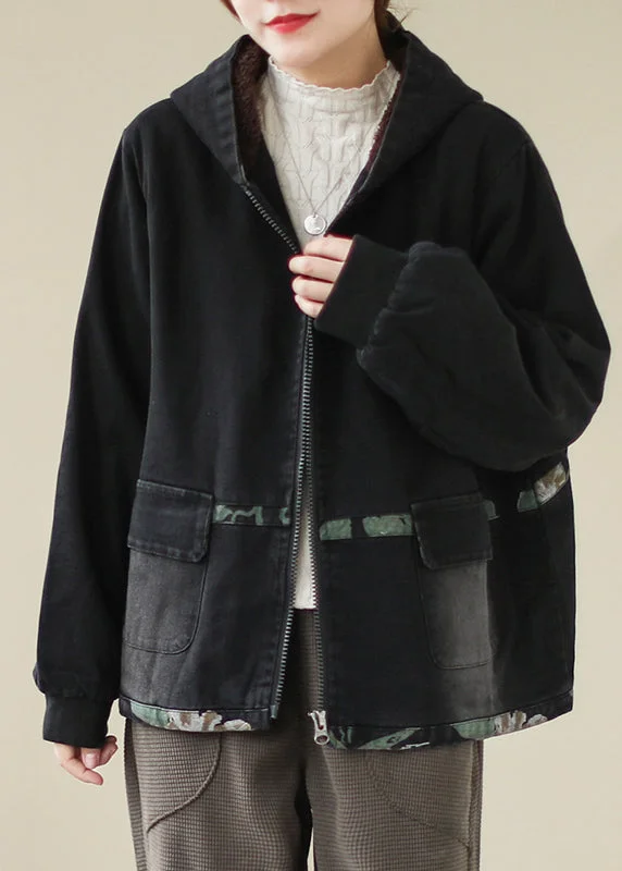 Comfortable Everyday Pieces Stylish Black Zippered Pockets Patchwork Warm Fleece Cotton Denim Hooded Coats Long Sleeve